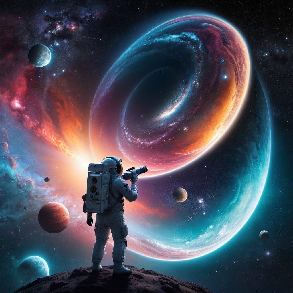 A breathtaking view of the cosmos with swirling galaxies, vibrant nebulae, and distant stars twinkling against a dark sky. An astronaut floats in space, gazing at the celestial wonders while holding a telescope. The foreground includes elements like a spaceship and glowing planets, showcasing the beauty of astronomy. The scene reflects a sense of wonder and exploration. super-realistic. vibrant colors. deep space. 3D.