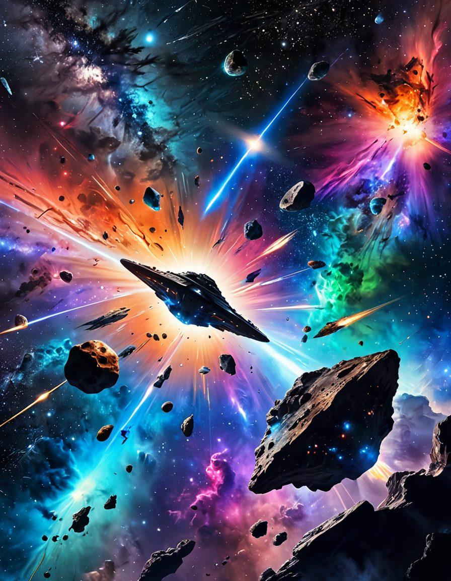 A breathtaking cosmic scene featuring a vibrant array of asteroids floating in a colorful nebula, surrounded by distant galaxies and interstellar wonders. Include a silhouette of a futuristic spaceship exploring the vastness of space, with twinkling stars in the background and a sense of wonder and discovery. The colors should be rich and vibrant to evoke the beauty of the universe. super-realistic. vibrant colors. 3D.