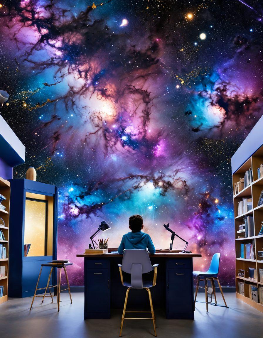 A stunning celestial scene displaying a vibrant galaxy filled with swirling stars and nebulae, beneath which an illustrated classroom merges with a futuristic observatory, showcasing diverse students engaged in astronomical experiments and studying cosmic life forms. Use a palette of deep blues and purples with hints of glowing gold to emphasize the wonder of the universe. super-realistic. vibrant colors. 3D.